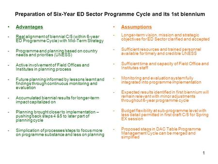1 Preparation of Six-Year ED Sector Programme Cycle and its 1st biennium Advantages -Real alignment of biennial C/5 (within 6-year ED Programme Cycle)