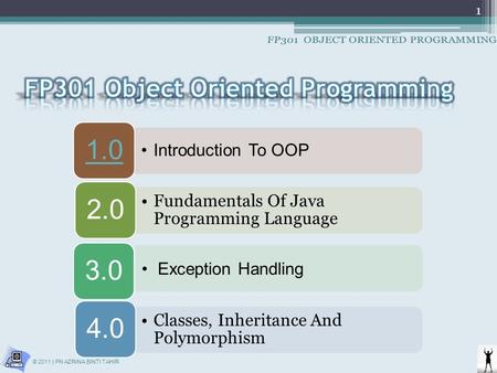 Introduction To OOP 1.0 Fundamentals Of Java Programming Language 2.0 Exception Handling 3.0 Classes, Inheritance And Polymorphism 4.0 1 © 2011 | PN AZRINA.