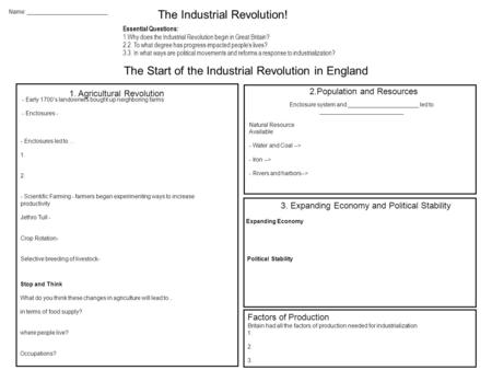 Name: _________________________ The Industrial Revolution! Essential Questions: 1.Why does the Industrial Revolution begin in Great Britain? 2.2. To what.