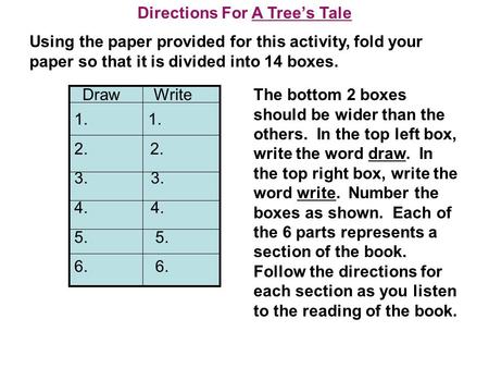 Using the paper provided for this activity, fold your paper so that it is divided into 14 boxes. The bottom 2 boxes should be wider than the others. In.