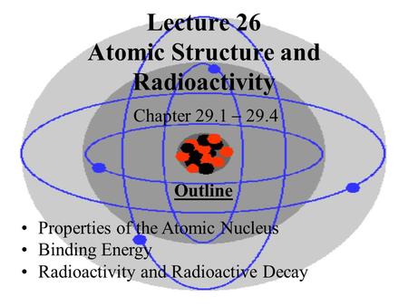 Lecture 26 Atomic Structure and Radioactivity Chapter 29.1  29.4 Outline Properties of the Atomic Nucleus Binding Energy Radioactivity and Radioactive.