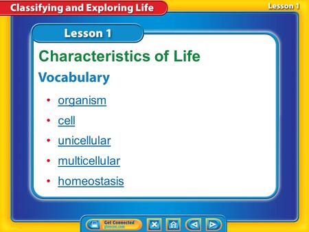 Lesson 1 Reading Guide - Vocab organism cell unicellular multicellular homeostasis Characteristics of Life.