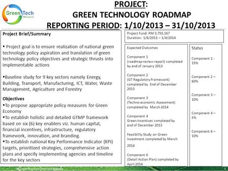 Copyright Reserved GreenTech Malaysia 1 Project Brief/Summary  Project goal is to ensure realization of national green technology policy aspiration and.