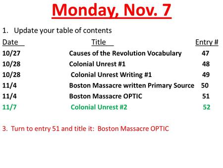 Monday, Nov. 7 1. Update your table of contents DateTitle Entry # 10/27Causes of the Revolution Vocabulary 47 10/28Colonial Unrest #1 48 10/28 Colonial.