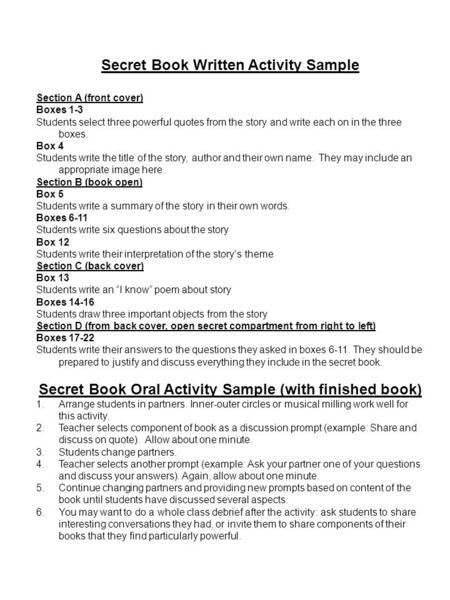 Secret Book Written Activity Sample Section A (front cover) Boxes 1-3 Students select three powerful quotes from the story and write each on in the three.