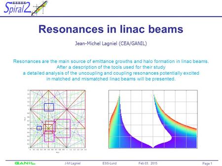 Page 1 J-M Lagniel ESS-Lund Feb 03, 2015 Resonances in linac beams Jean-Michel Lagniel (CEA/GANIL) Resonances are the main source of emittance growths.