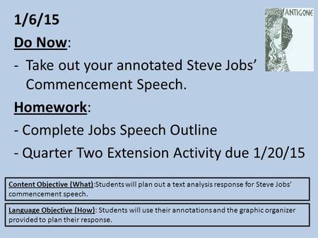 1/6/15 Do Now: -Take out your annotated Steve Jobs’ Commencement Speech. Homework: - Complete Jobs Speech Outline - Quarter Two Extension Activity due.