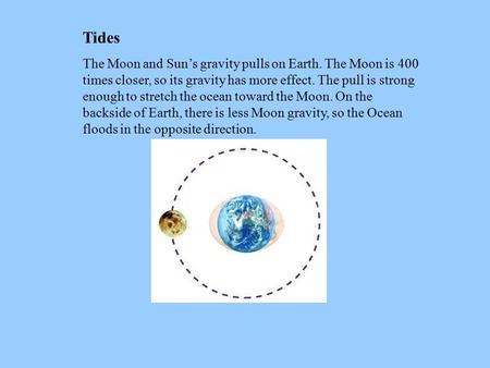 Tides The Moon and Sun’s gravity pulls on Earth. The Moon is 400 times closer, so its gravity has more effect. The pull is strong enough to stretch the.