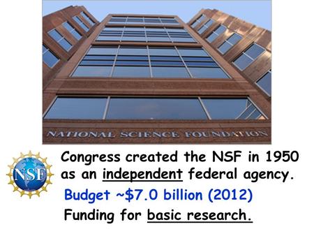 Congress created the NSF in 1950 as an independent federal agency. Budget ~$7.0 billion (2012) Funding for basic research.