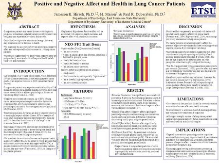Positive and Negative Affect and Health in Lung Cancer Patients Jameson K. Hirsch, Ph.D. 1,2, H. Mason 1, & Paul R. Duberstein, Ph.D. 2 Department of Psychology,
