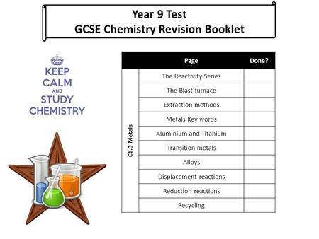 Year 9 Test GCSE Chemistry Revision Booklet PageDone? C1.3 Metals The Reactivity Series The Blast furnace Extraction methods Metals Key words Aluminium.