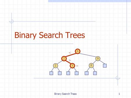 Binary Search Trees1 6 9 2 4 1 8   . 2 Binary Search Tree Properties A binary search tree is a binary tree storing keys (or key-element pairs) at its.