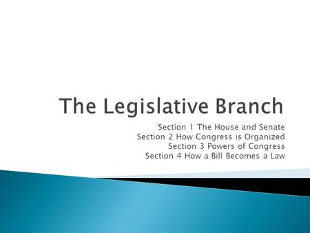 Section 1 The House and Senate Section 2 How Congress is Organized Section 3 Powers of Congress Section 4 How a Bill Becomes a Law.
