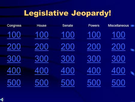 Legislative Jeopardy! CongressHouseSenatePowersMiscellaneous 100 200 300 400 500.