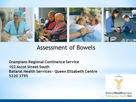 Assessment of Bowels Grampians Regional Continence Service 102 Ascot Street South Ballarat Health Services – Queen Elizabeth Centre 5320 3795.