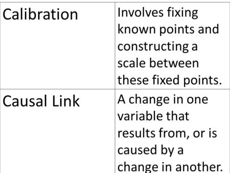 Calibration Involves fixing known points and constructing a scale between these fixed points. Causal Link A change in one variable that results from, or.