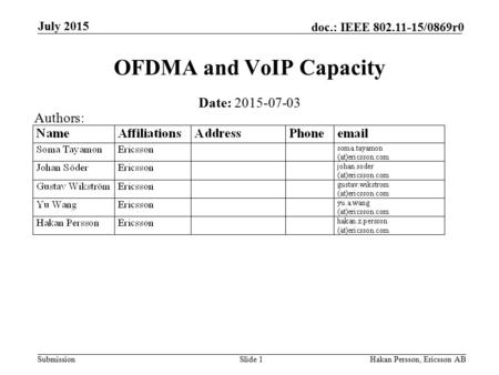 Submission doc.: IEEE 802.11-15/0869r0 July 2015 Hakan Persson, Ericsson ABSlide 1 OFDMA and VoIP Capacity Date: 2015-07-03 Authors: