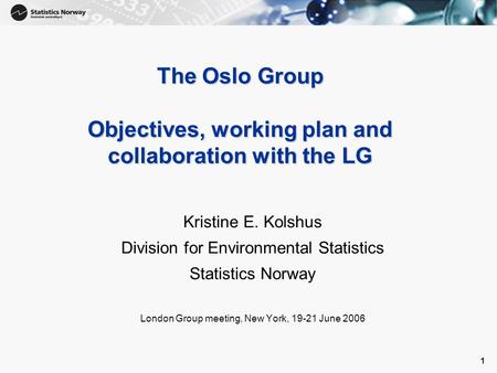 1 1 The Oslo Group Objectives, working plan and collaboration with the LG Kristine E. Kolshus Division for Environmental Statistics Statistics Norway London.