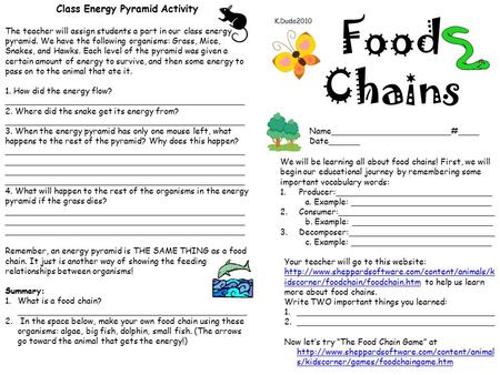 Food Chains Name_______________________#____ Date______ K.Duda2010 We will be learning all about food chains! First, we will begin our educational journey.