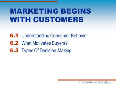 © South-Western Publishing MARKETING BEGINS WITH CUSTOMERS 6.1 6.1 Understanding Consumer Behavior 6.2 6.2 What Motivates Buyers? 6.3 6.3 Types Of Decision-Making.