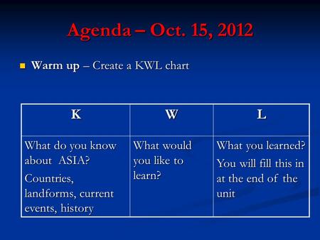 Agenda – Oct. 15, 2012 Warm up – Create a KWL chart Warm up – Create a KWL chart KWL What do you know about ASIA? Countries, landforms, current events,