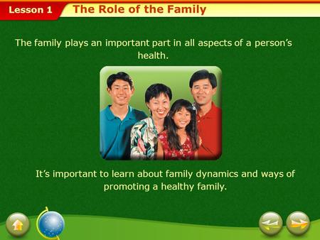Lesson 1 The family plays an important part in all aspects of a person’s health. It’s important to learn about family dynamics and ways of promoting a.