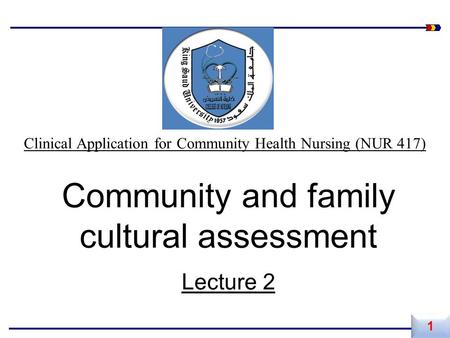 Community and family cultural assessment Lecture 2 1 1 Clinical Application for Community Health Nursing (NUR 417)