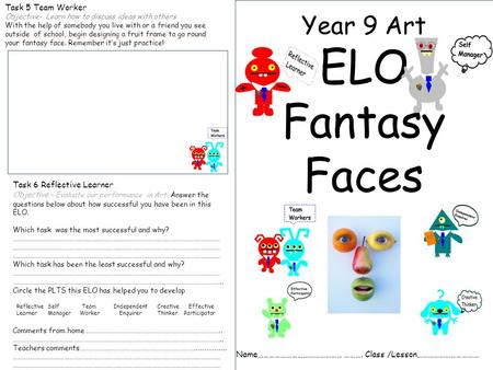 Year 9 Art ELO Fantasy Faces Name……………………………………… ………. Class /Lesson…………………………… Task 5 Team Worker Objective- Learn how to discuss ideas with others With.