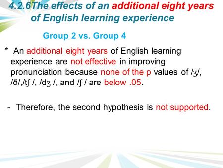 4.2.6The effects of an additional eight years of English learning experience ＊ An additional eight years of English learning experience are not effective.