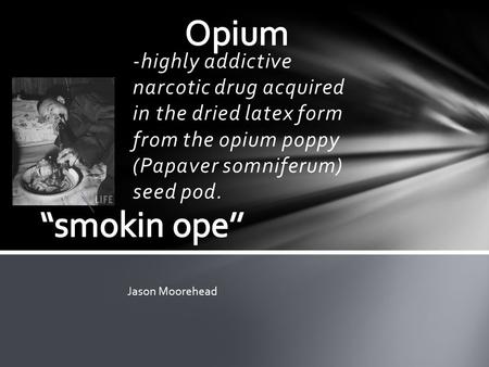 -highly addictive narcotic drug acquired in the dried latex form from the opium poppy (Papaver somniferum) seed pod. Jason Moorehead.
