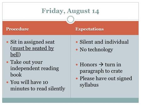 Procedure Expectations Sit in assigned seat (must be seated by bell) Take out your independent reading book You will have 10 minutes to read silently Silent.
