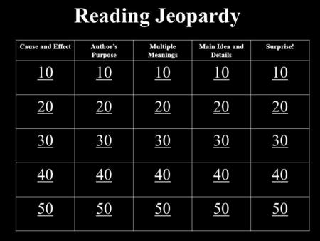 Reading Jeopardy Cause and EffectAuthor’s Purpose Multiple Meanings Main Idea and Details Surprise! 10 20 30 40 50.
