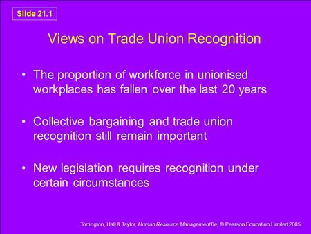 Torrington, Hall & Taylor, Human Resource Management 6e, © Pearson Education Limited 2005 Slide 21.1 Views on Trade Union Recognition The proportion of.