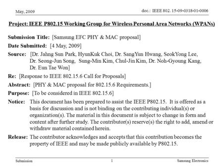 Doc.: IEEE 802. 15-09-0318-01-0006 Submission May, 2009 Samsung Electronics 1 Project: IEEE P802.15 Working Group for Wireless Personal Area Networks (WPANs)