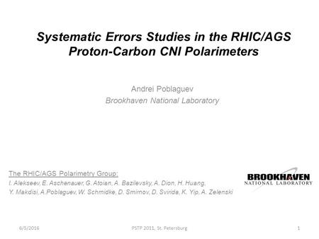 Systematic Errors Studies in the RHIC/AGS Proton-Carbon CNI Polarimeters Andrei Poblaguev Brookhaven National Laboratory The RHIC/AGS Polarimetry Group: