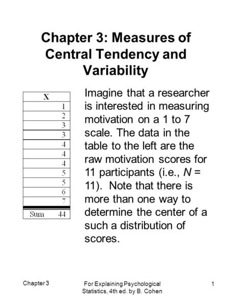Chapter 3 For Explaining Psychological Statistics, 4th ed. by B. Cohen 1 Chapter 3: Measures of Central Tendency and Variability Imagine that a researcher.