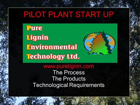 PILOT PLANT START UP www.purelignin.com The Process The Products Technological Requirements.