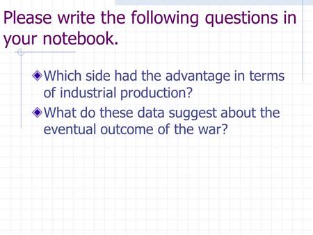 Please write the following questions in your notebook. Which side had the advantage in terms of industrial production? What do these data suggest about.