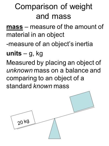 Comparison of weight and mass mass – measure of the amount of material in an object -measure of an object’s inertia units – g, kg Measured by placing an.