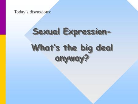 Sexual Expression- What’s the big deal anyway? Sexual Expression- What’s the big deal anyway? Today’s discussions: