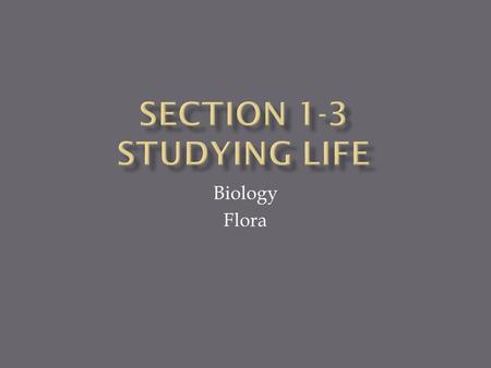 Biology Flora.  Biology – the study of life  Branches of biology include:  Zoology – study of animals  Botany – study of plants  Microbiology – study.