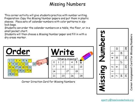 Missing Numbers Corner Assignment Card for Missing Numbers 01245 791113 141719 21232628 Order Write Corner Direction Card.