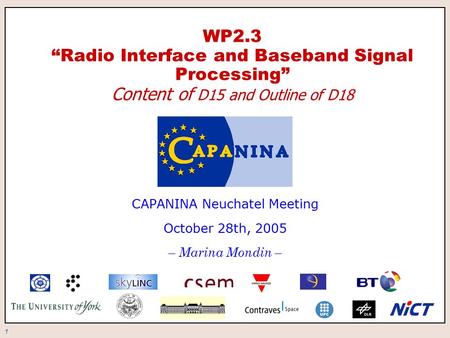 1 WP2.3 “Radio Interface and Baseband Signal Processing” Content of D15 and Outline of D18 CAPANINA Neuchatel Meeting October 28th, 2005 – Marina Mondin.