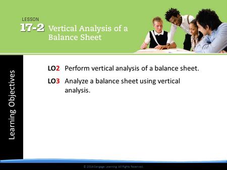 © 2014 Cengage Learning. All Rights Reserved. Learning Objectives © 2014 Cengage Learning. All Rights Reserved. LO2Perform vertical analysis of a balance.