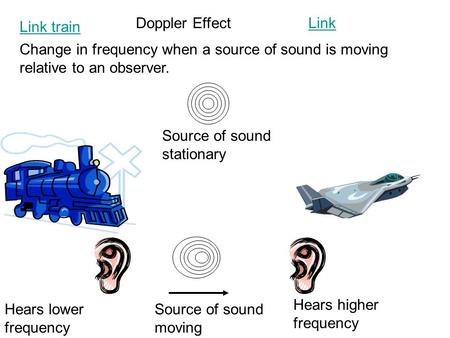 Doppler Effect Change in frequency when a source of sound is moving relative to an observer. Source of sound moving Source of sound stationary Hears lower.