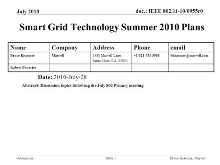 Doc.: IEEE 802.11-10/0955r0 Submission July 2010 Bruce Kraemer, MarvellSlide 1 Smart Grid Technology Summer 2010 Plans Date: 2010-July-28 Abstract: Discussion.