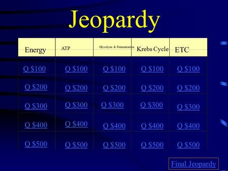 Jeopardy Energy ATP Glycolysis & Fermentation Krebs Cycle ETC Q $100 Q $200 Q $300 Q $400 Q $500 Q $100 Q $200 Q $300 Q $400 Q $500 Final Jeopardy.