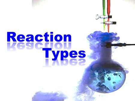 Reaction Types. 6 types of reactions Type of reactionGeneral EquationBalanced Example Reaction Synthesis (S) A + B  AB Mg + O 2  MgO.