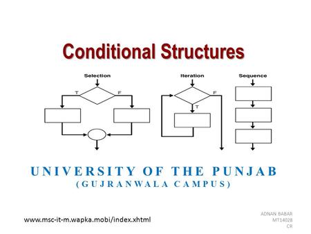 Conditional Structures UNIVERSITY OF THE PUNJAB (GUJRANWALA CAMPUS) ADNAN BABAR MT14028 CR www.msc-it-m.wapka.mobi/index.xhtml.