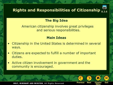 Rights and Responsibilities of Citizenship The Big Idea American citizenship involves great privileges and serious responsibilities. Main Ideas Citizenship.
